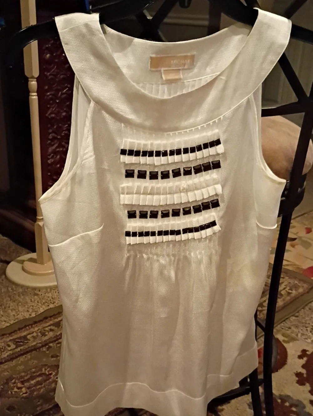 Michael Kors White Textured Shell Top w Black Embellishments